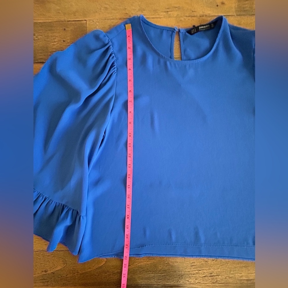 Zara Cobalt Blue Ruffle Bell Sleeve Blouse | Flowy Round Neck Top Lightweight - Picture 10 of 10